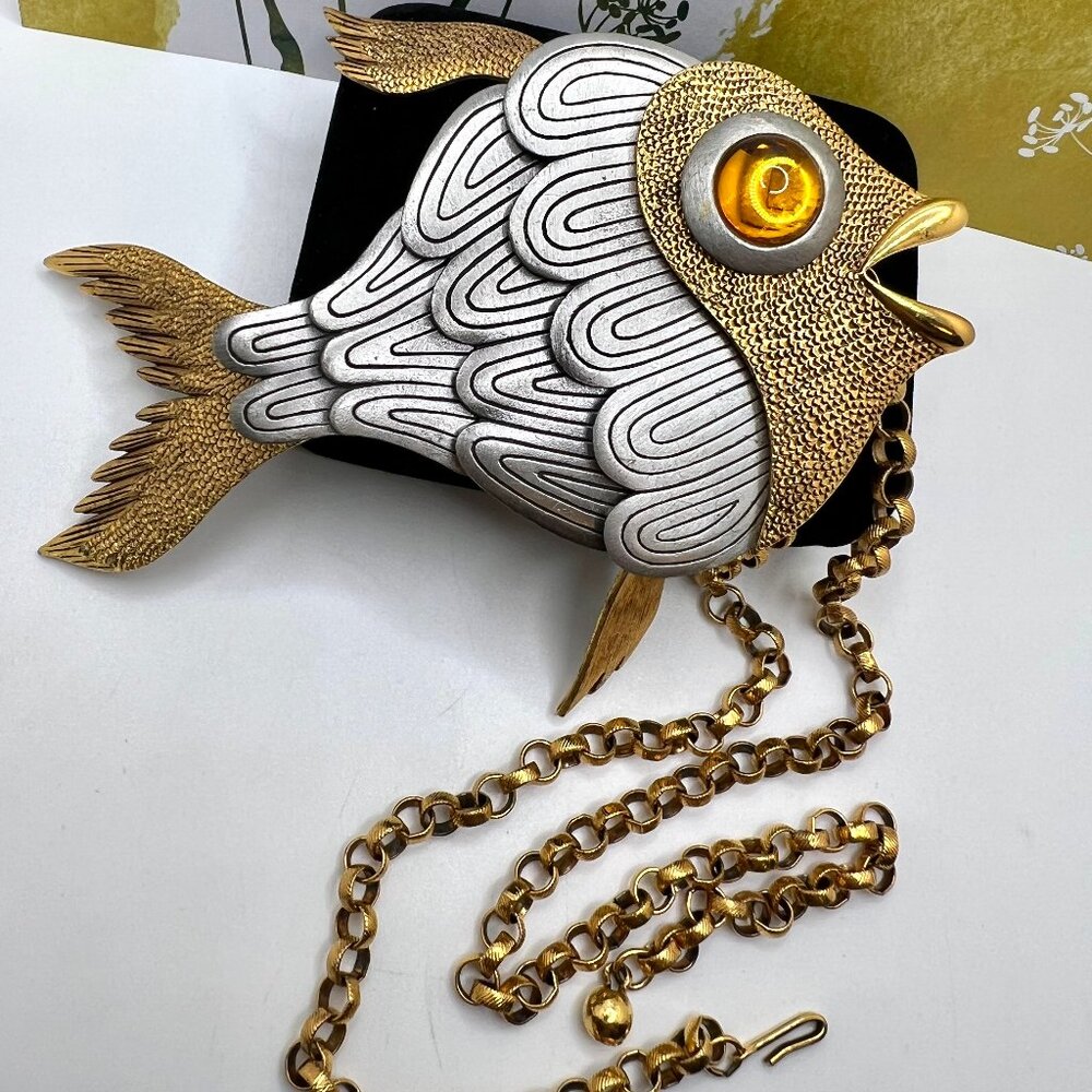 Two Tone Articulated Large Fish Necklace - Picture 4 of 6